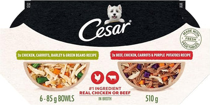 Cesar Wholesome Bowls Adult Wet Dog Food, Chicken, Carrots, Barley & Green Beans Recipe and Beef, Chicken, Purple Potatoes & Carrots Recipe Variety Pack, Wet Food for Dogs, 3 oz., 6 Count