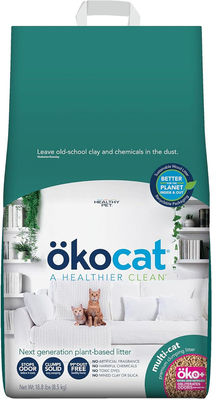 ökocat Multi-Cat Wood Clumping Cat Litter, Unscented, 18.8 pounds - Natural Ingredients, Obliterates Odors with Natural Odor Neutralizer, Clumps Solid, 99% Dust Free, Great for Multiple Cats