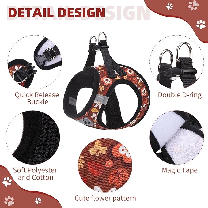 KOOLTAIL Fall Dog Harness and Leash Set for Small Medium Dogs, Autumn Step in No Pull Comfort Padded Pet Vest, Adjustable Reflective Easy Walking Puppy Cats Harness Training, Leaf & Flower M