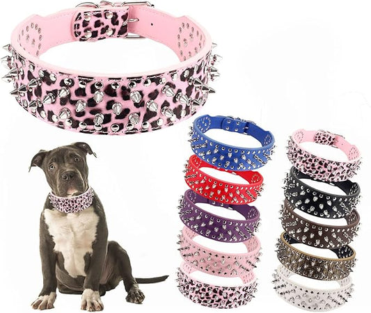 Hoot PU Leather Adjustable Spiked Studded Dog Collar 2" Wide 25 Spikes (XS(Neck 15"-18"), Pink Leopard)
