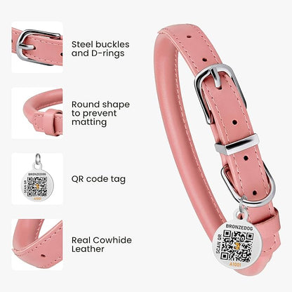 BRONZEDOG Rolled Leather Dog Collar for Small Medium Large Dogs with QR ID Tag (L: 16-18 Inch, Powder Pink)
