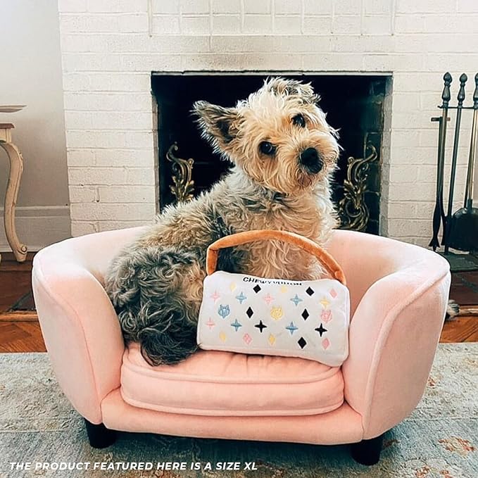 Haute Diggity Dog White Chewy Vuiton Handbag, Plush Designer Dog Toys with Interactive Squeaker, Stimulating Pet Enrichment, Machine-Washable & Safe Materials for All Breeds, Size XL