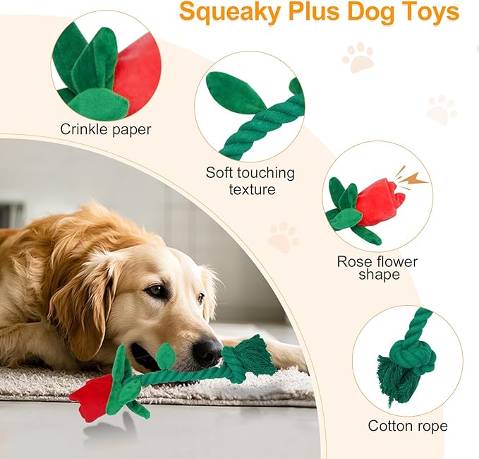 Rose Flower Plush Squeaky Dog Toys with Crink Paper for Small Medium Large Dogs