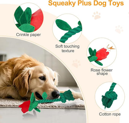 Rose Flower Plush Squeaky Dog Toys with Crink Paper for Small Medium Large Dogs