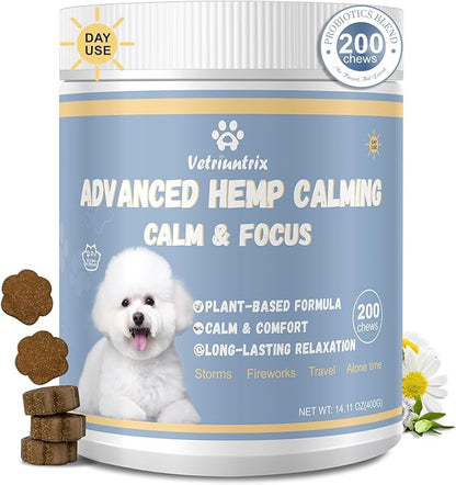 Vetriuntrix Calming Chews for Dogs with Natural Plant Extracts for Fireworks, Storms, Thunder, Barking, Separation, 200 Count