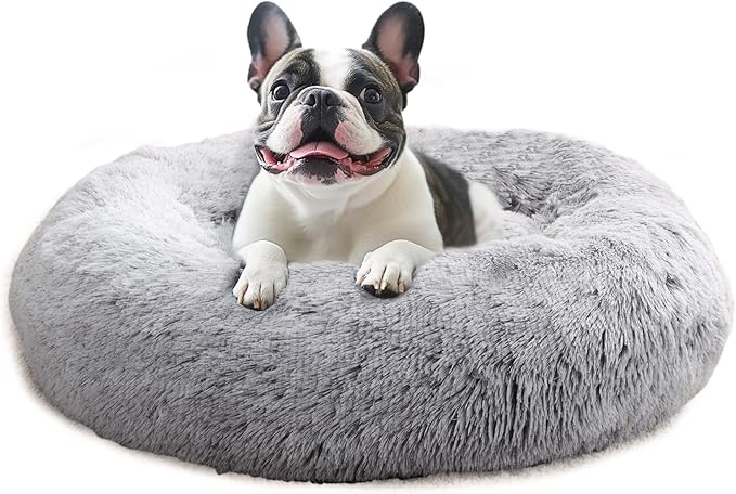 JOLLYVOGUE Calming Dog Bed Medium Size Dog, Anti-Anxiety Donut Medium Dog Bed, 31 inches Fluffy Faux Fur Cushion Bed for Dogs and Cats, Fits up to 45 lbs Pets (Smoke Grey)