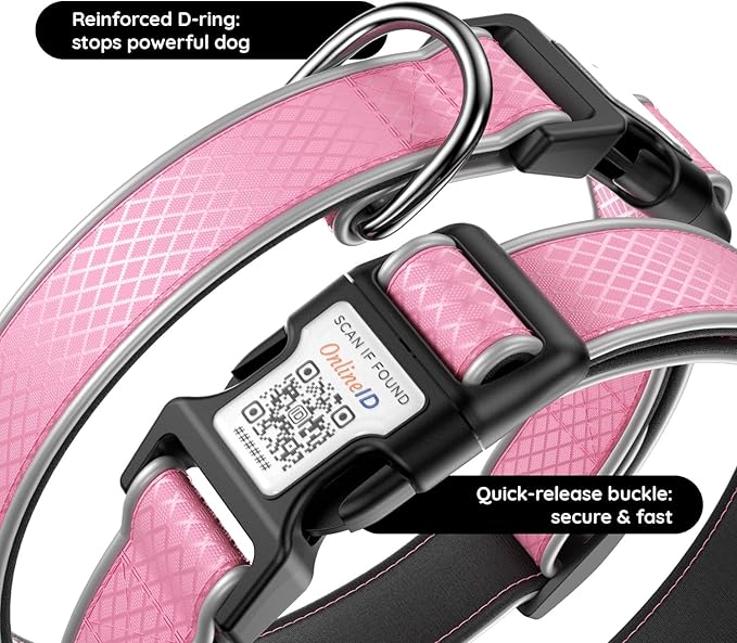 Reflective Dog Collar with Waterproof Air tagholder & Anti-Lost QR Code | Ultra-Durable | Soft Padded | Safety Locking Buckle | Fit Large Dogs (Neon Pink L(15.7"-23.6"))