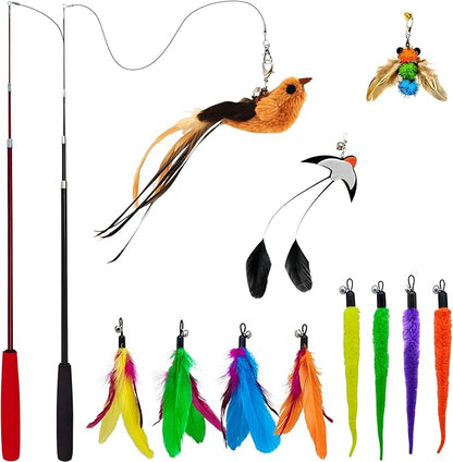 miwoowim Interactive Cat Wand Toy Set – 2 Retractable Wands (38" & 50") with 11 Refills Attachments – Feather Toys, Plush Bird, Worms, Insect & Swallow – Cat Teaser Toys for Indoor Cats & Kittens