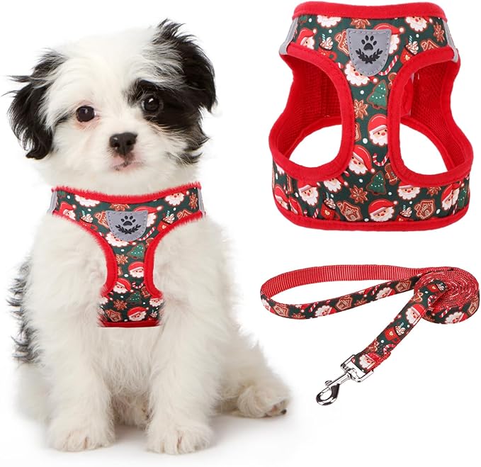 KOOLTAIL Christmas Dog Harness for Small Medium Dogs,Dog Harness and Leash Set, Step in No Pull Soft Mesh Padded Adjustable and Reflective Pet Vest Harness Puppy, Extra Harness for XS S Dogs, S