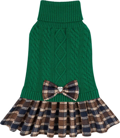 KYEESE Dog Sweater Soft Turtleneck Cat Sweaters Comfy Dogs Clothes with Bowtie Stretchy Knitwear Pet Sweater Dress Thick Dog Sweaters for Small Dogs Male Warm Pullover Pet Coats, Green, Small