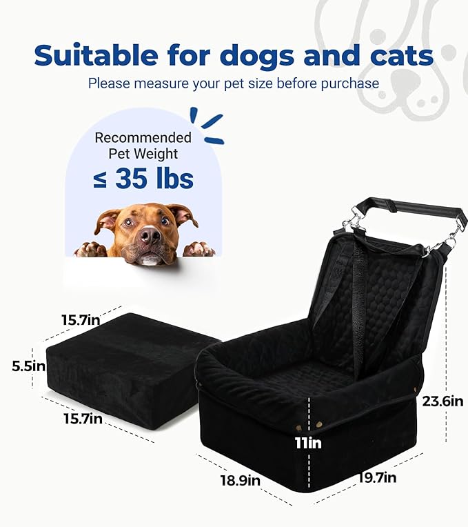 Wagora Dog Car Seat for Small Medium Dogs, Travel Pet Car Bed with Removable Waterproof Cover, Memory Foam Dog Booster Seats Up to 35 lbs, Safety Belt and Storage Pocket(Black)