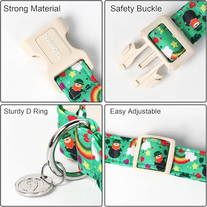 DOGWONG St. Patrick's Day Dog Collar, Lucky Clover Shamrock Green Dog Collar Soft Durable Adjustable Costume Bright Lucky Charm Puppy Collar for Small Medium Large Dog