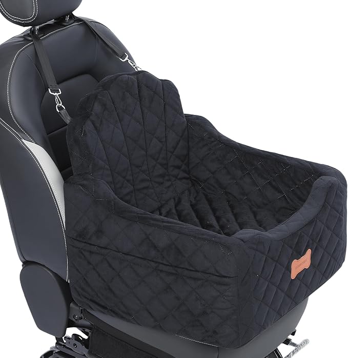 koneboss Dog Car Seat for Small Dogs Under 30lbs, Detachable Washable Pet Booster Seat with Safety Belt & Storage Pockets, Travel Car Bed, Black/Grey