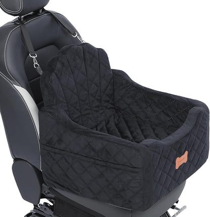 koneboss Dog Car Seat for Small Dogs Under 30lbs, Detachable Washable Pet Booster Seat with Safety Belt & Storage Pockets, Travel Car Bed, Black/Grey