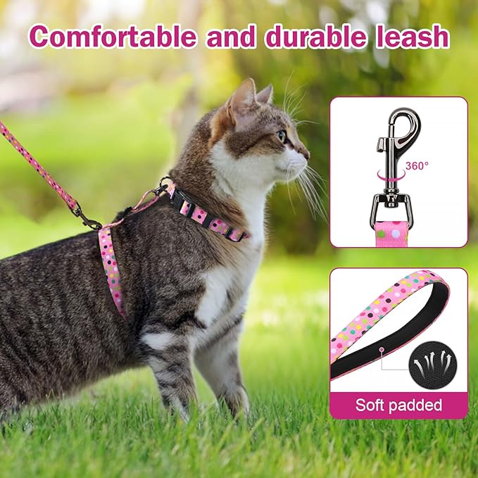Hikiko Cat Harness and Leash Set Escape Proof Adjustable Walking Travel Cute Girl Kitten Harness for Small Medium Large Cats (Pink Polka Dots, M)