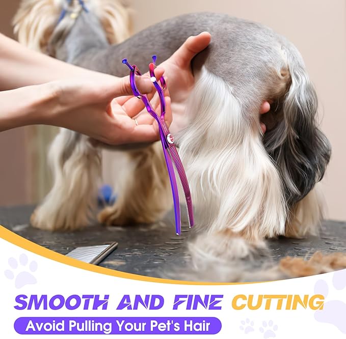 JASON 7.5" Dog Grooming Scissors - Professional Curved Thinning Shears for Grooming, Japanese 440C Stainless Steel Blender Shears with Diamond Adjustable Screw (65 Teeth, Purple) Christmas Gift