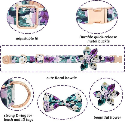 Dog Collar and Leash Set Girls Adjustable Puppy Collars with Floral Bow Tie for Small Medium Large Female Dogs, Purple Green Flower, L