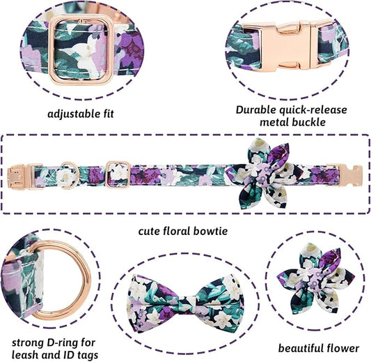 Dog Collar and Leash Set Girls Adjustable Puppy Collars with Floral Bow Tie for Small Medium Large Female Dogs, Purple Green Flower, L