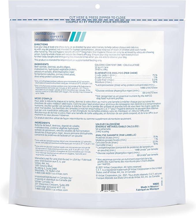 Virbac C.E.T. Enzymatic Oral Hygiene Chews for Medium Dogs - Plaque & Tartar Control - Single Layer Beefhide with Exclusive Dual-Enzyme System & Tasty Chicken Flavor - Easy to Give Dog Dental Chew