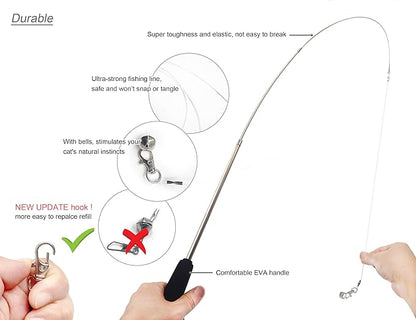YOOGAO Pet Cat Toys Wand Retractable Interactive Feather Teaser Cat Toy with Bell, 5pcs Refills