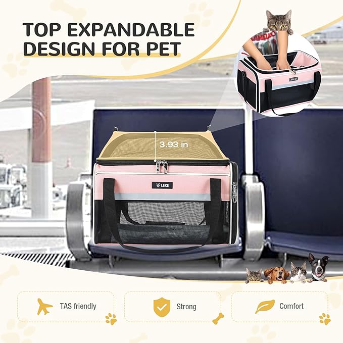 Lekereise Top-Expandable Pet Carrier 17x11x9.5 Inch Alaska Hawaiian Airline Approved Soft Sided Underseat to 12lbs Travel Carriers for Small Cats and Dogs with Locking Safety Zippers Anti-Scratch Mesh