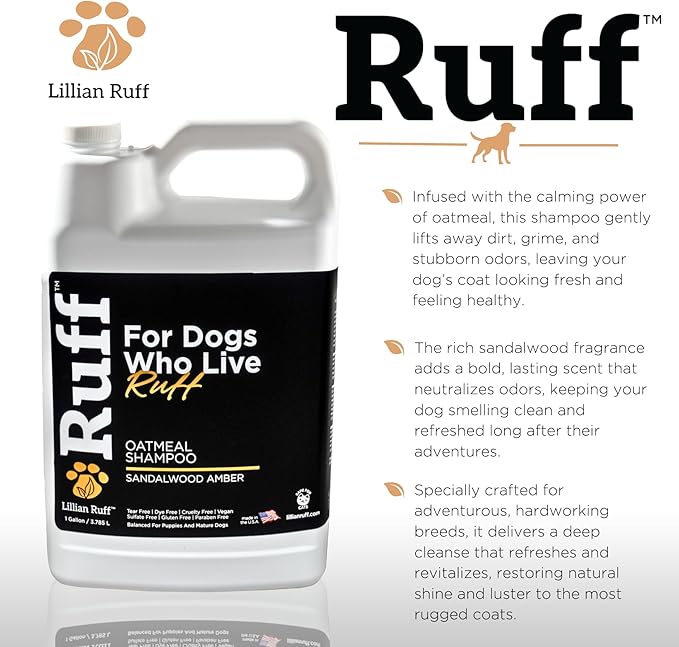 Ruff by Lillian Ruff Oatmeal Dog Shampoo Sandalwood Amber – Moisturizing Pet Shampoo with Aloe & Coconut Oil – Relieves Itching, Hot Spots & Odor – Puppy Safe – Made in USA (Gallon with Pump)