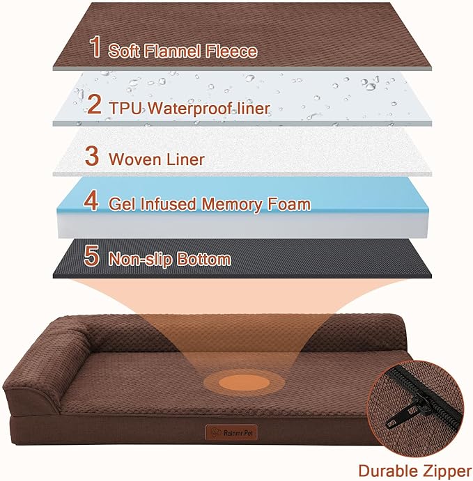 Rainmr Orthopedic Dog Bed for Small and Medium Dogs, Memory Foam Pet Bed with Washable Removable Cover, Nonskid Bottom, Waterproof, for Indoor, Outdoor, Crate ＆ Car Use, 30x20x6 Inches, Brown Grey
