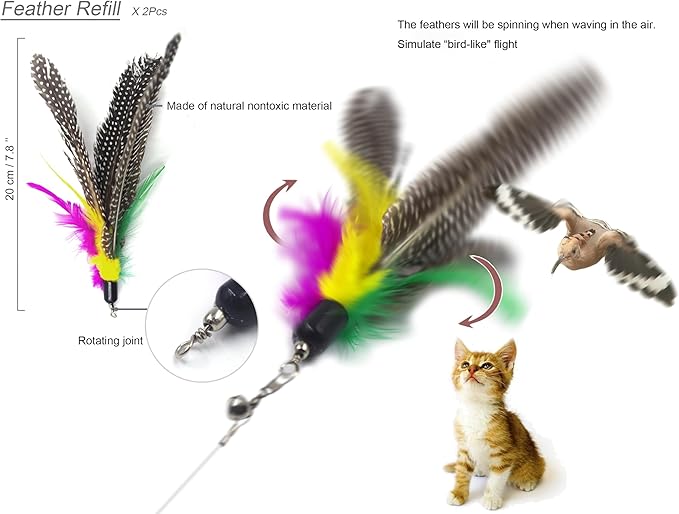 YOOGAO Pet Cat Toys Wand Retractable Interactive Feather Teaser Cat Toy with Bell, 5pcs Refills