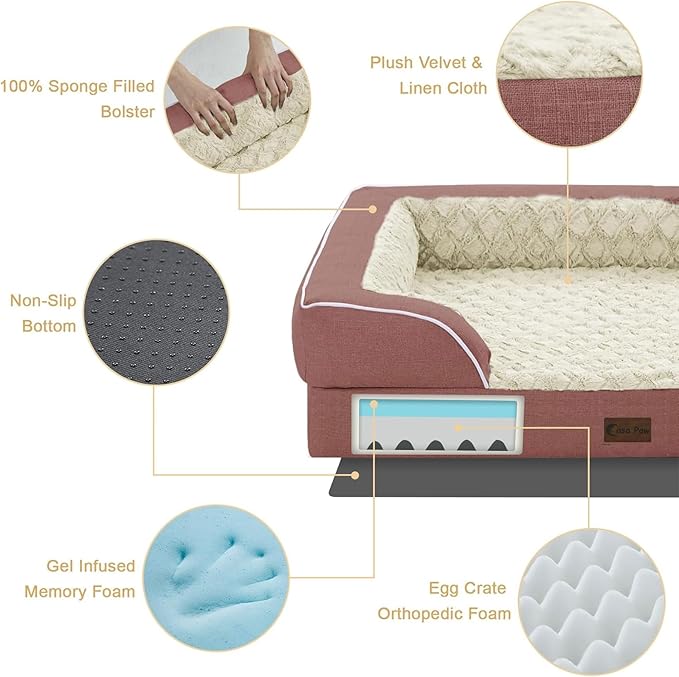 Casa Paw Orthopedic Dog Beds for Large Sized Dogs, Waterproof Memory Foam Large Pet Bed with Sides 36x27Inch, Non-Slip and Egg-Crate Foam Big Dog Couch Bed with Removable Washable Cover, Pink
