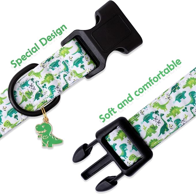 Faygarsle Dog Collar for Small Medium Large Dogs Cute Green Puppy Collars for Male Dogs Dinosaur Patterned Pet Collars for Summer Spring Wedding Puppy Boy Dog Collar XS