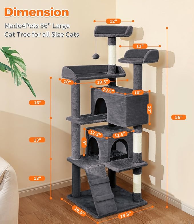Made4Pets Cat Tree Tower 56in Cat Tower for Indoor Cats Kitten Tree Multi-Level Cat Tree with 2 Condo Furniture Activity Center with Scratching Posts Funny Toys Kittens Pet Play House, Grey