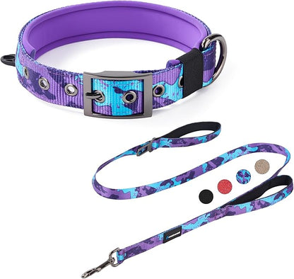 Annchwool Adjustable Dog Collar and 5 FT Leash Set with Heavy Duty Metal Buckle–Comfortable Lining Collar & Dual-Handles for Medium Large Dogs Walking,Running,Car Travel(Camo Purple Set,S:13''-17'')