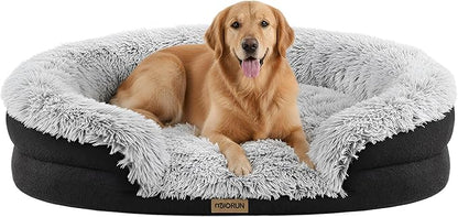 Miorun Fluffy Orthopedic Dog Bed for Large & Extra Large Dogs, Calming Plush Sofa Bed with Curved Bolster Support and Egg-Crate Foam Base, 43" Cozy Oval Pet Donut Bed with Washable Cover, Gray