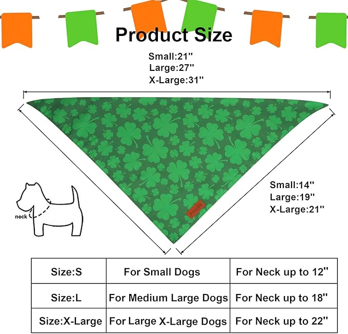 PTDECOR St. Patrick's Day Dog Bandana, Reversible Dog Scarf, Multi Size Offered, Green Shamrock Pet Bandanas for Medium Large Dogs Pets (St. Patrick's Day, Large)
