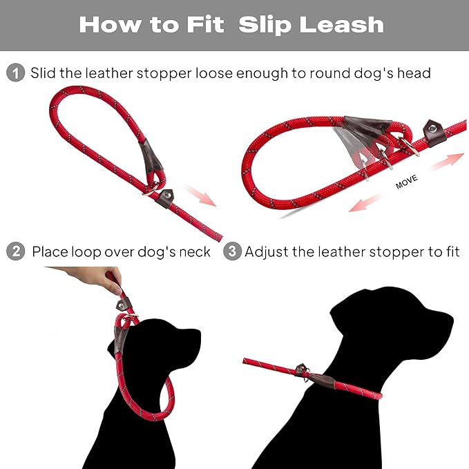 TwoEar 6FT Slip Lead Dog Leash, Heavy Duty Slip Leash for Dogs with Highly Reflective, Strong Rope Slip Leads No Pull Pet Training Leashes for Large Medium Dogs (1/2", Red)