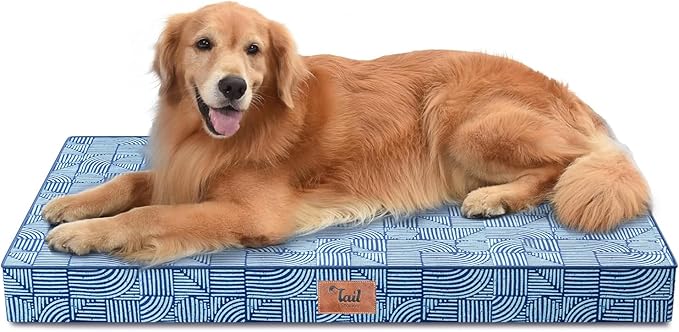 Tail Stories Outdoor Orthopedic Dog Bed for Extra Large Dogs, XL Waterproof Flat Pet Bed 44x32 Inch, Egg Crate Foam with Removable Washable Oxford Cooling Cover, White Blue
