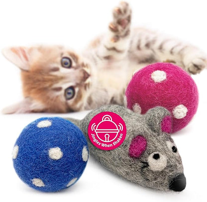 Hustle & Blush Love Ewe Felted Cat Toys 3 Pack- 5 Inch Mouse w/Bell & 2 Inch Ball Hand Made Cute & Fun Design Kitten Wool Felt Balls for Indoor Play & Exercise-100% New Zealand Handmade Felted Balls