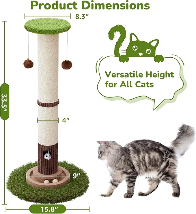 Woochpet 34inches Tall Cat Scratching Post with Cat Ball Track Toy Heavy Duty and Thicker Large Diameter Natural Sisal Cat Scratcher Post for Indoor Cats Protect Your Furniture