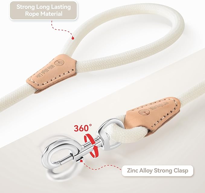 Mile High Life Dog Leash, Rope Leash with Genuine Leather Connection and Heavy Duty Metal Clasp, Great for Small Medium Large Dogs(Cream White,72 Inch)