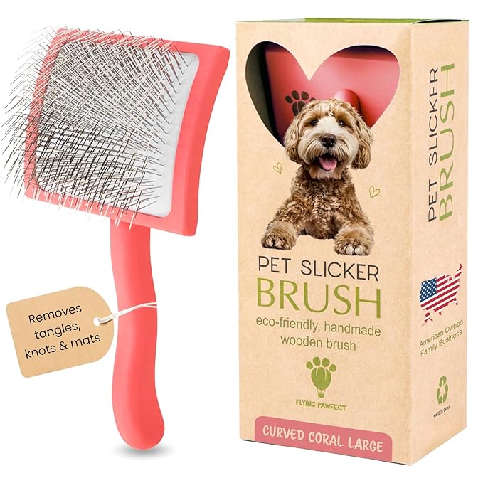 Pet Slicker Brush With Soft Massage Grooming Stainless Steel Pins - For Dematting, Shedding Fur, and Undercoat - Ideal Gift for Professional Pet Groomers - Long Slicker Brush (Coral, Curved Large)