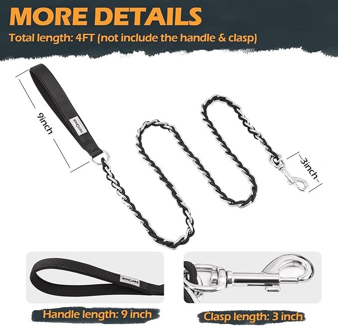 Dog Leash Chew Proof, Chain Leash Anti Chew Dog Leash for Large Dogs Heavy Duty, Indestructible Metal Leash Anti Bite Chain Link with Woven Cord Soft Padded Handle (Black, 4FT)