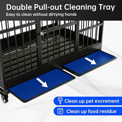 Snuowu 48 Inch Heavy Duty Dog Crate with Wheels and Unique Air Lift Rod, Folding Metal Big Dog Cage for Large Dogs, Extra Large XL XXL Indestructible Dog Crate with Removable Tray.