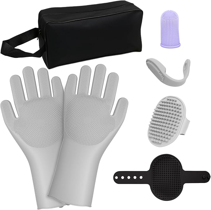 7-Piece Pet Grooming Kit with Storage Bag | Portable Bathing Set for Dogs & Cats | Includes Silicone Gloves, Deshedding Brushes & Finger Toothbrushes | All-in-One Pet Care (Gray)