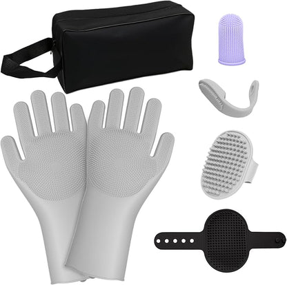 7-Piece Pet Grooming Kit with Storage Bag | Portable Bathing Set for Dogs & Cats | Includes Silicone Gloves, Deshedding Brushes & Finger Toothbrushes | All-in-One Pet Care (Gray)