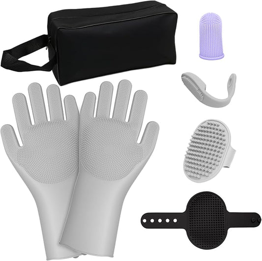 7-Piece Pet Grooming Kit with Storage Bag | Portable Bathing Set for Dogs & Cats | Includes Silicone Gloves, Deshedding Brushes & Finger Toothbrushes | All-in-One Pet Care (Gray)