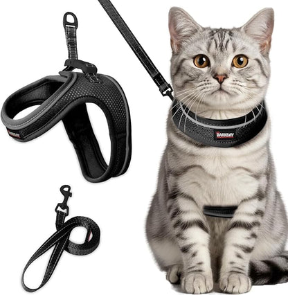 Cat Harness and Leash Set,Escape Proof Kitten Harness,Step in Adjustable Soft Lightweight,Easy Control,Reflective Strips Comfortable for Walking Travel(Black,S)
