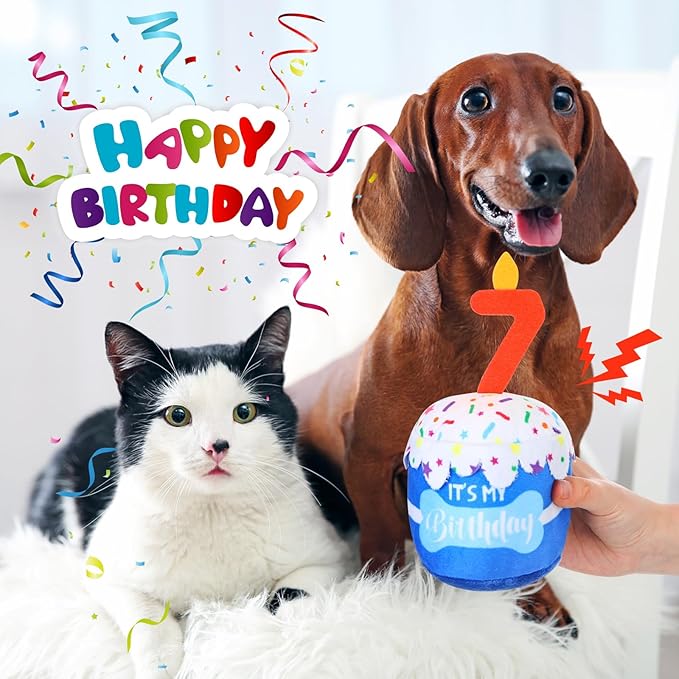 Dog Birthday Cake Toy Accessories for Girl Boy Gifts, Squeaky Plush Toy for Dog Birthday Party Decor Favor for Large, Medium and Small Dogs(7th,Blue)