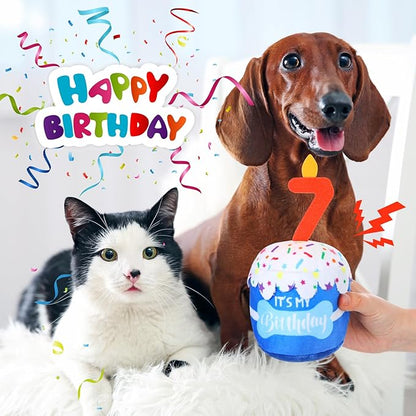 Dog Birthday Cake Toy Accessories for Girl Boy Gifts, Squeaky Plush Toy for Dog Birthday Party Decor Favor for Large, Medium and Small Dogs(7th,Blue)