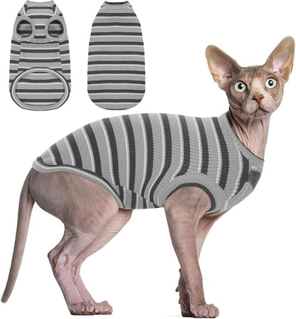 BRKURLEG Hairless Cats T Shirt, Cat Sweaters, Pullover Kitten Shirts, Sleeveless Round Collar Cotton Vest for Cornish Rex Devon Rex Peterbald and Small Dogs Sweater(Grey Stripes, L)