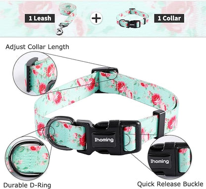Ihoming Dog Collar and Leash Set for Daily Outdoor Walking Running Training, Floral Spring Design for Large Boys Girls Dogs Cats Pets, L-Up to 80LBS